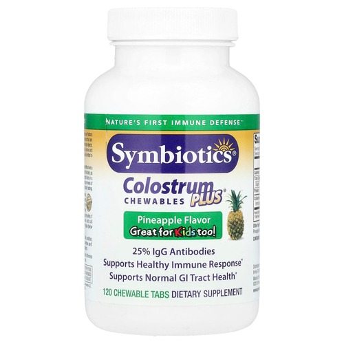 Symbiotics, Colostrum Plus, симбиотики из молозива, со вкусом ананаса, 120 жевательных таблеток