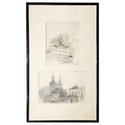 Динес Ю. С. Опрокинутая лодка / Церковь. Саратов. Бумага, карандаш. 1942