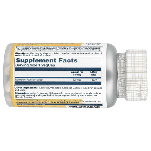 Solaray, Йод из йодида калия, 500 мкг, 30 растительных капсул
