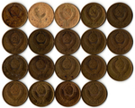 Набор 5 копеек СССР (19 монет) 1946, 49, 56, 61, 74, 77, 80-90, 91Л, 91М