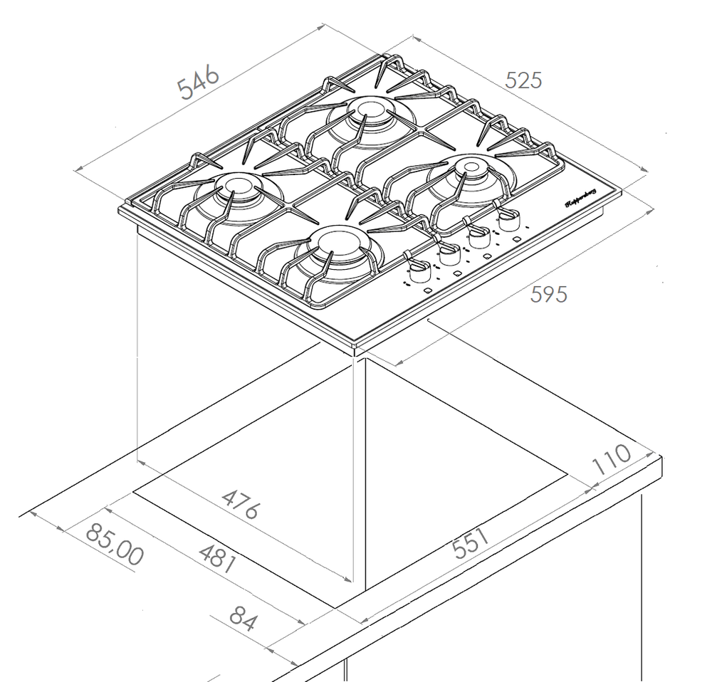 Газовая варочная панель черная Kuppersberg FQ 602 B размеры