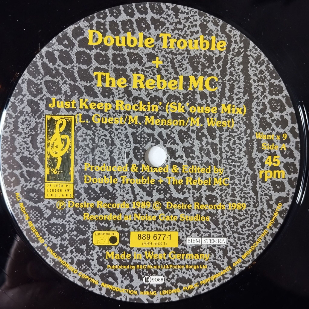 Винтажная виниловая пластинка LP Double Trouble and Rebel MC Just Keep Rockin (Holland 1989) 45 RPM Maxi Single