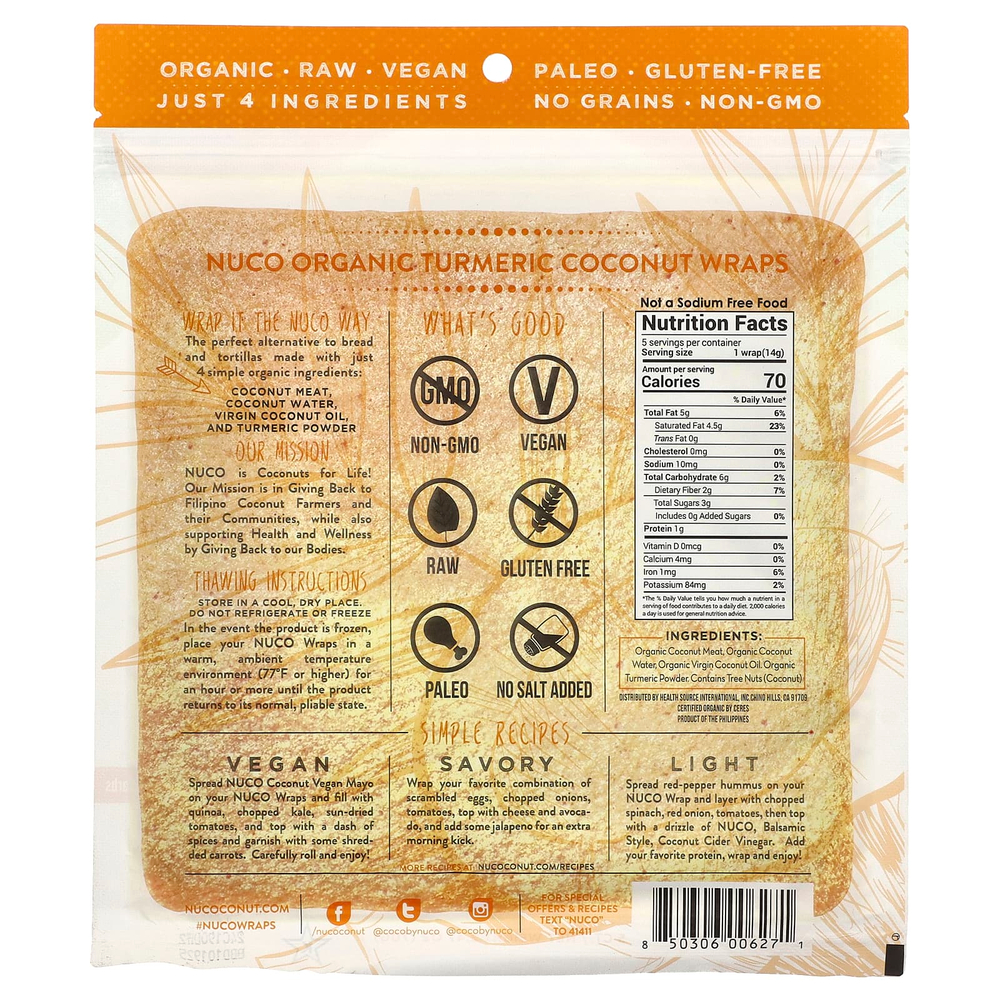 NUCO, органические кокосовые мармеладки, с куркумой, 5 шт., 70 г (2,47 унции)