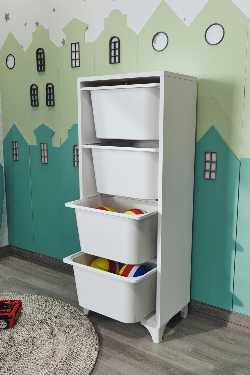 Стеллаж DORA с 4 выдвижными ящиками - белый