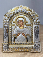 Семистрельная БМ, икона арочная с рамкой под стеклом, белое дерево 167х228