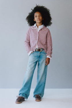 ZARA ВЯЗАНЫЙ КАРДИГАН С КРУЖЕВНОЙ ОТДЕЛКОЙ, ЦВЕТ МАЛЬВЫ