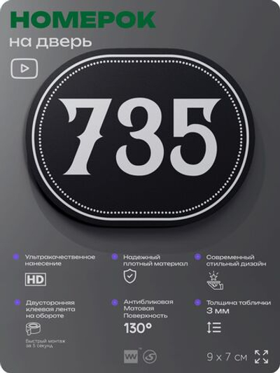 Номерок на дверь квартиры 735, для кабинета, офиса, шильдик 9 х 7 см, черный, Айдентика Технолоджи