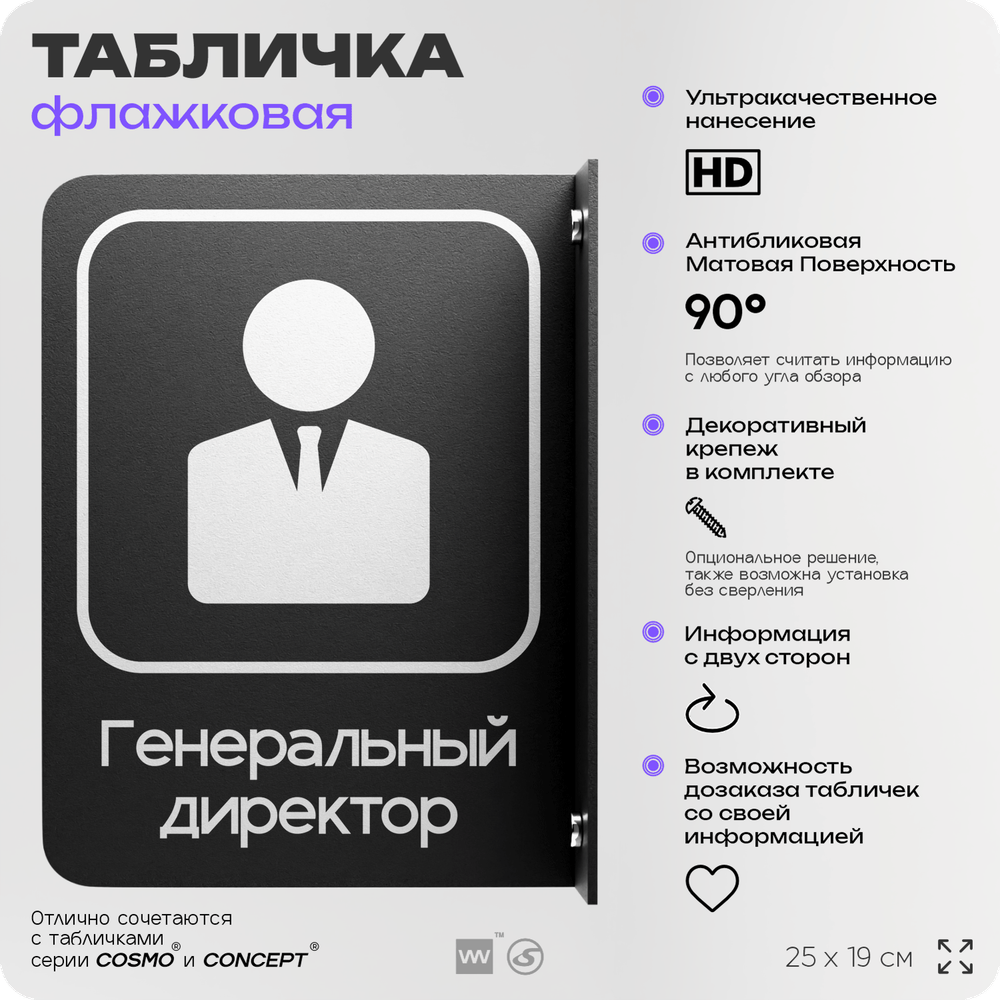 Табличка Генеральный директор флажковая на стену, двусторонняя с крепежом, 19 х 25 см, для офиса, кафе, ресторана, серия COSMO, Айдентика Технолоджи