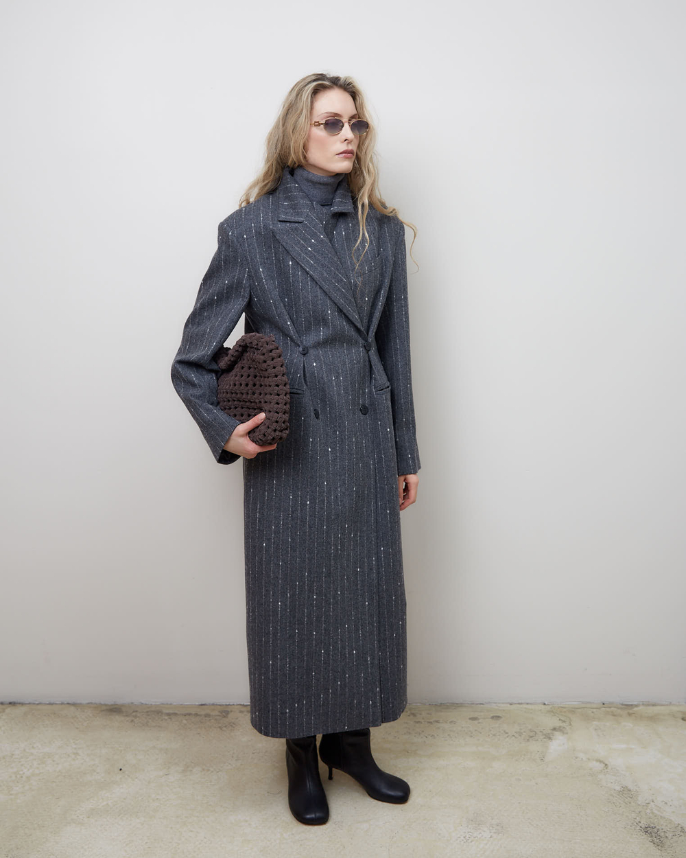 Пальто с дополнительными петлями из шерсти Стелла Маккартни полоска серый