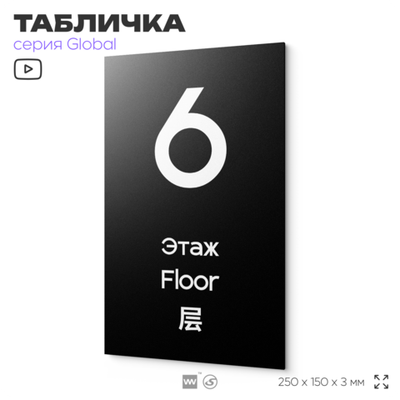 Табличка с номером Этаж 6, на дверь и стену, информационная и мультиязычная (русский, английский, китайский), серия GLOBAL, 25х15 см, Айдентика Технолоджи