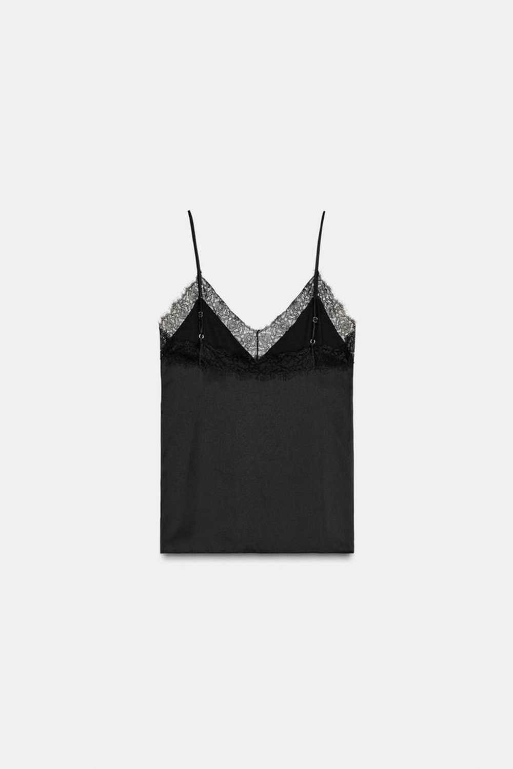 ZARA АТЛАСНЫЙ ТОП С КРУЖЕВОМ, ЧЕРНЫЙ