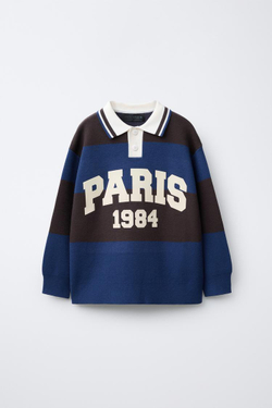 ZARA ВЯЗАНЫЙ ПОЛО В ПОЛОСКУ С ПРИНТОМ, КОРИЧНЕВО-СИНИЙ