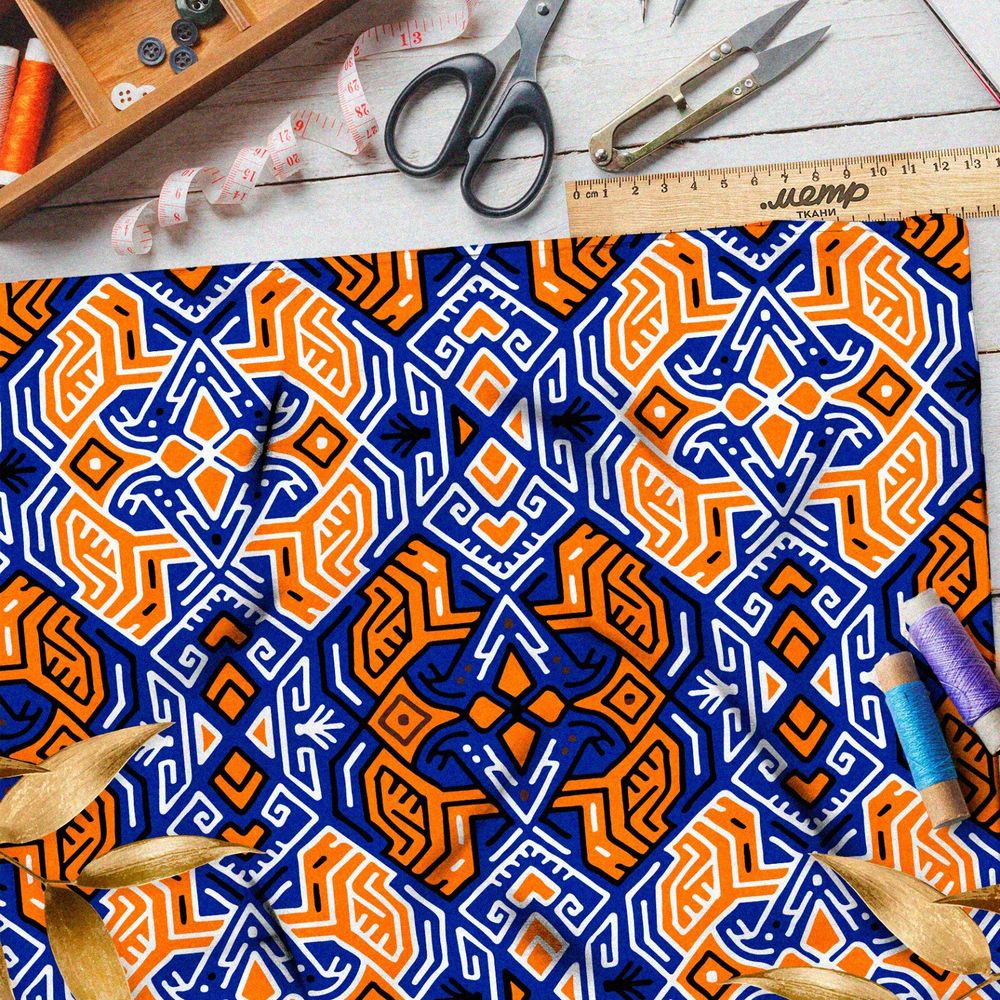 Ткань атлас оранжевый египетские узор