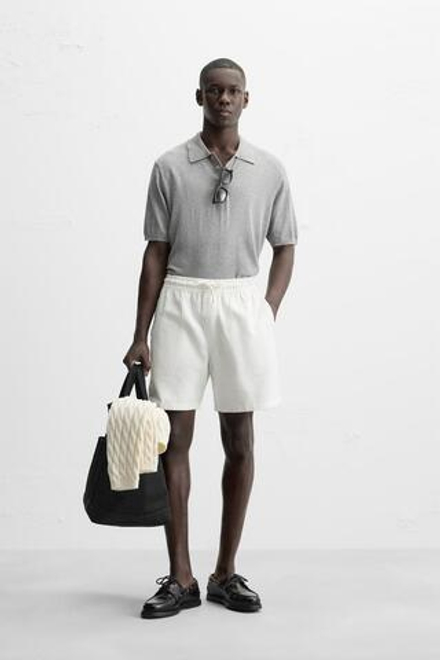 ZARA ШОРТЫ REGULAR FIT ИЗ РЕЛЬЕФНОЙ ТКАНИ, ЖЕЛТОВАТО-БЕЛЫЙ
