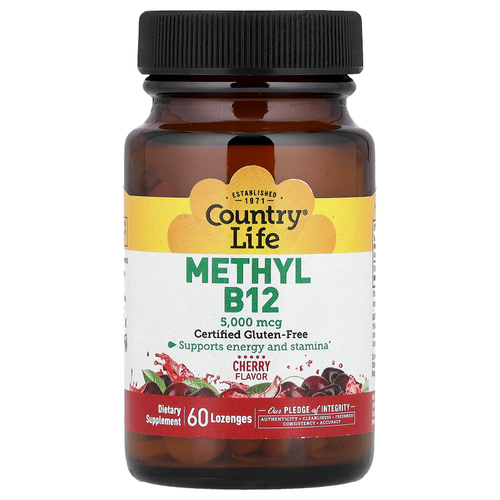 Country Life, метилированный витамин B12, со вкусом вишни, 5000 мкг, 60 пастилок