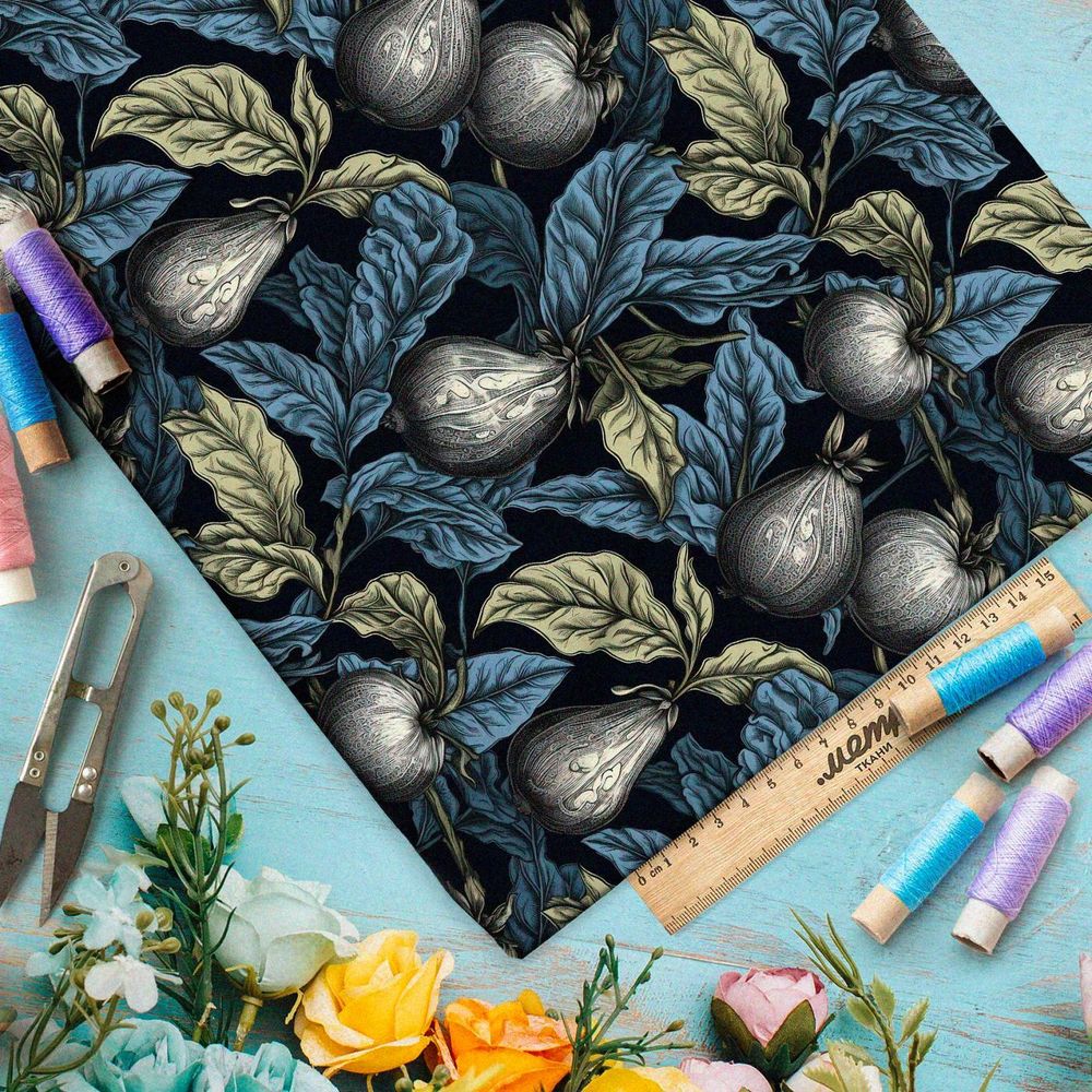 Ткань премиум шелк искусственный Армани ночные сказочные фрукты