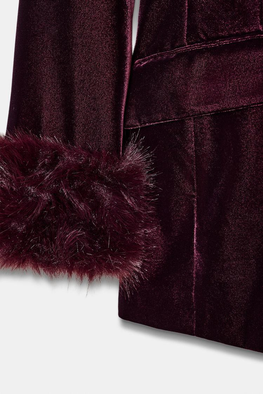 ZARA БЛЕЙЗЕР ИЗ БАРХАТА С МАНЖЕТАМИ ИЗ ИСКУССТВЕННОГО МЕХ, ГРАНАТОВЫЙА