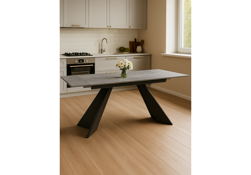 Керамический стол Woodville Ливи 140(200)х80х78 серый мрамор, черный