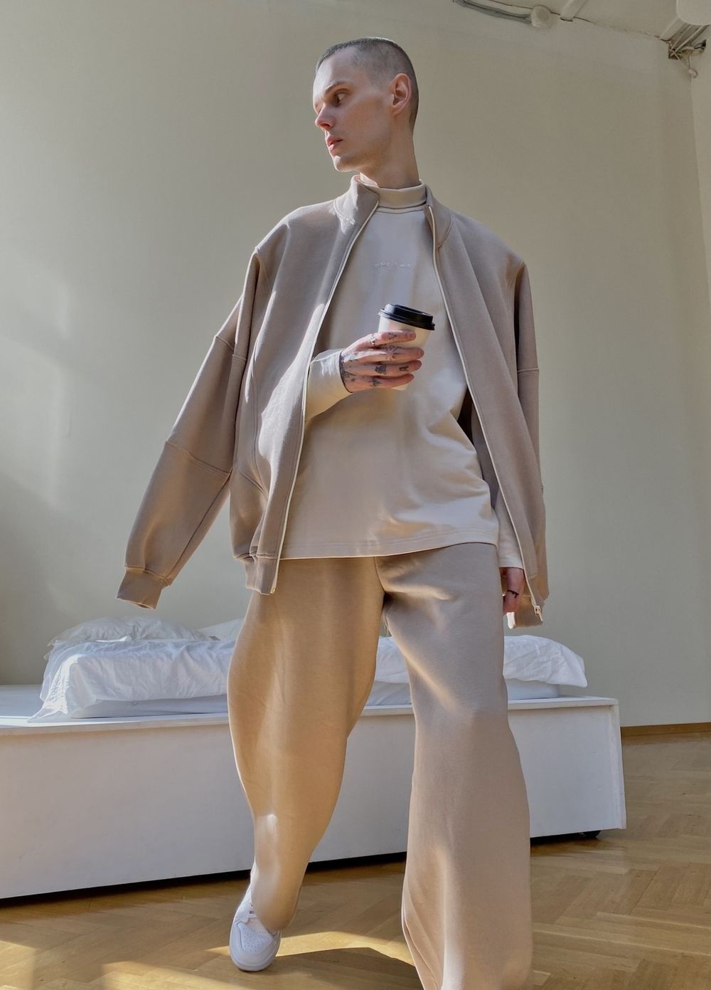 Лонгслив One Two High Neck Logo Moonbeam бежевый