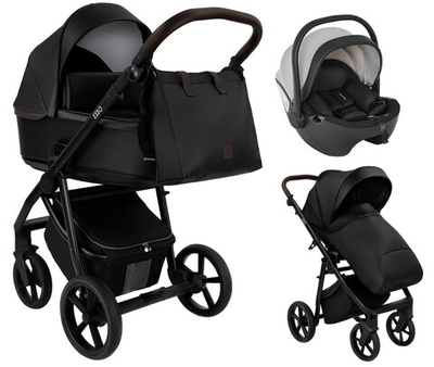 Детская коляска Roan Esso Кожа 3 в 1 с автокреслом Pituso Baesa Pro Black,Beige Canopy ESSK/210/1 Black /Black/руч.Тем.коричневый