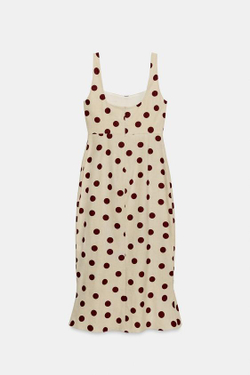 ZARA ПЛАТЬЕ МИДИ В ГОРОШЕК ИЗ СМЕСОВОГО ЛЬНА, ЭКРЮ