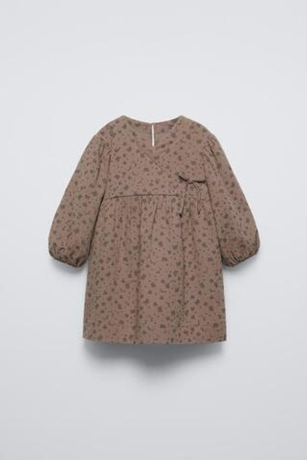 ZARA ПЛАТЬЕ ИЗ РЕЛЬЕФНОЙ ТКАНИ С ПРИНТОМ, КОРИЧНЕВЫЙ