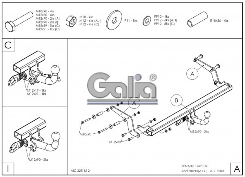 Фаркоп оцинкованный Galia R091A для Renault Captur 2013-(паспорт и сертификат в комплекте)(без электрики)