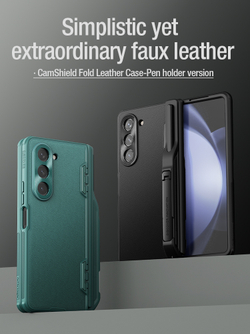 Чехол зеленого цвета от Nillkin с вставки из кожи на Samsung Galaxy Z Fold 5, серия CamShield Fold Leather, в комплекте со съемным держателем для S Pen