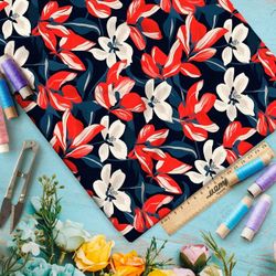 Ткань премиум Оксфорд 600D бело-красная цветочная иллюстрация