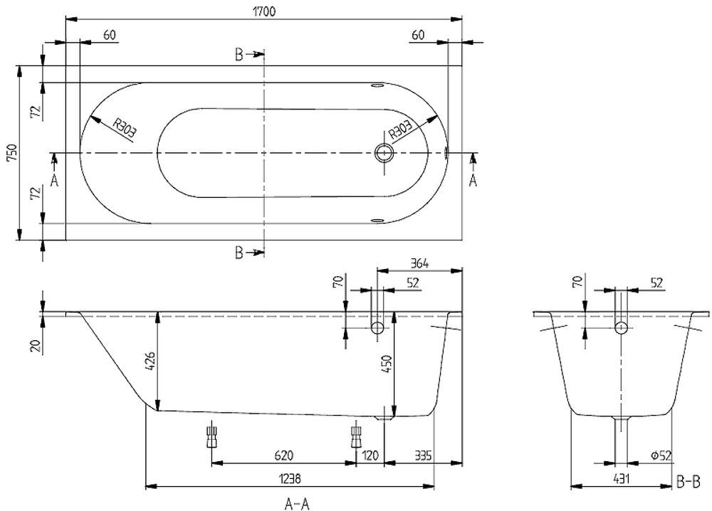 Квариловая ванна Villeroy&Boch Oberon 170x75 UBQ170OBE2V-01 без гидромассажа