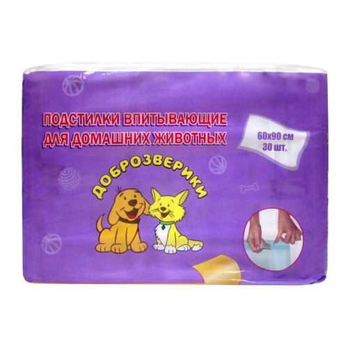 Подстилки впитывающие одноразовые для животных, с липким фиксирующим слоем, 60х90 см, 30 шт. 