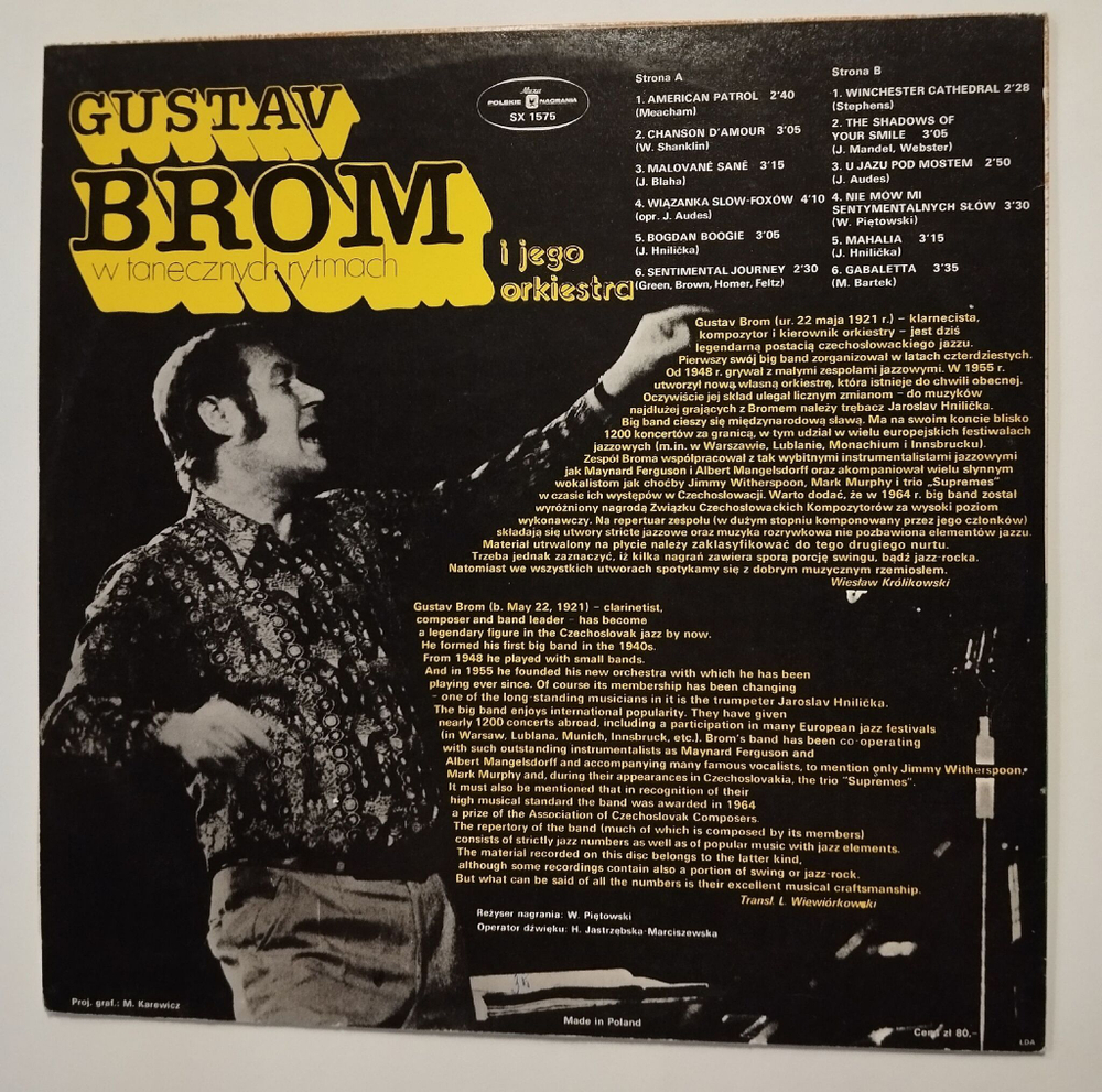 Винтажная виниловая пластинка LP Gustav Brom I Jego Orkiestra W Tanecznych Rytmach (Польша 1978)