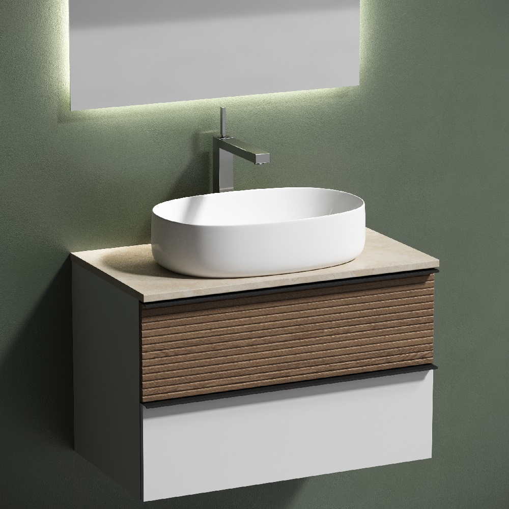 Тумба подвесная Sancos Delta, Дуб светлый/белый 790х445х500, под столешницу с отверстием под смеситель, цвет Kreman