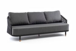 "Верона" диван 3-местный плетеный из роупа, каркас алюминий темно-серый (RAL7024) муар, роуп темно-серый круглый, ткань темно-серая 027