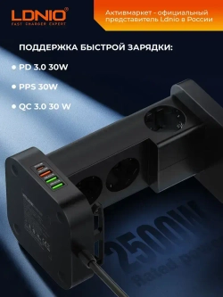 Удлинитель сетевой фильтр Ldnio SEW4485 2 метра с 4 USB и беспроводной зарядкой, тройник разветвитель с заземлением и выключателем
