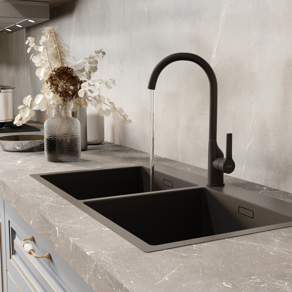 Смеситель для кухни 35k MIXLINE ML23-032 "Round Black" высокий излив боковая ручка ЧЕРНЫЙ