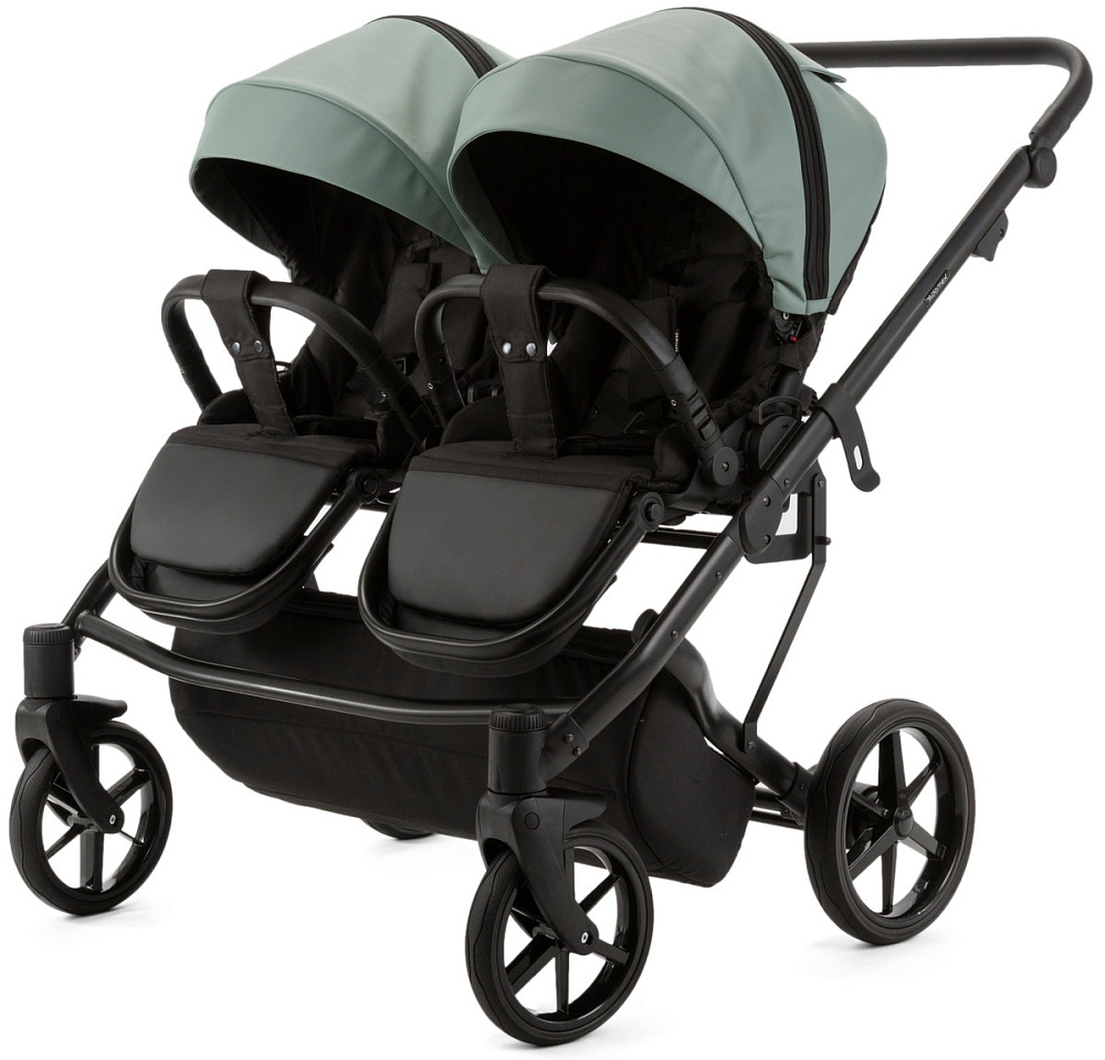 Детская коляска для двойни Adamex Leo Duo Deluxe 3 в 1 DUO-SA20 (СЕРО-ЗЕЛЁНАЯ КОЖА)