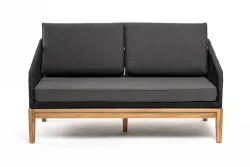 "Канны" диван 2-местный плетеный из роупа, основание дуб, роуп темно-серый круглый, ткань темно-серая 027