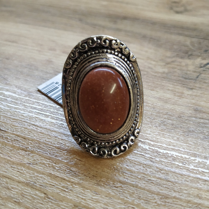 Кольцо разъемное Авантюрин коричневый в металле, 26x37 мм