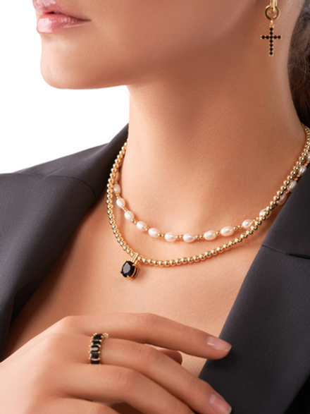 Чокер из бусин Гематита с подвеской- чёрный Фианит, gold