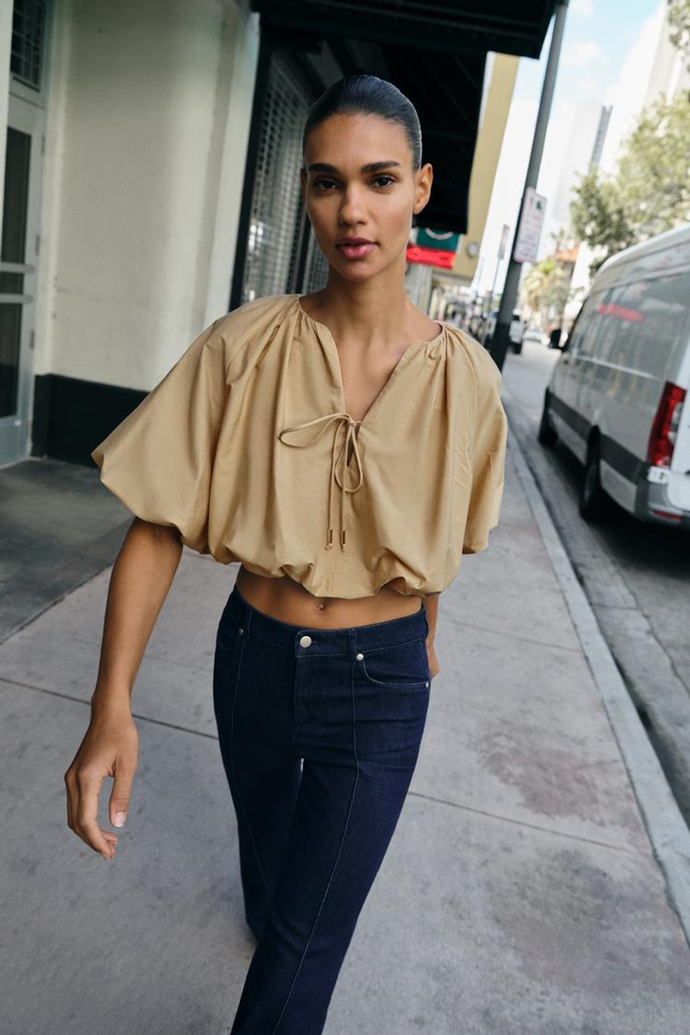 ZARA УКОРОЧЕННЫЙ ТОП-БАЛЛОН ИЗ ПОПЛИНА, РЫЖЕВАТО-КОРИЧНЕВЫЙ