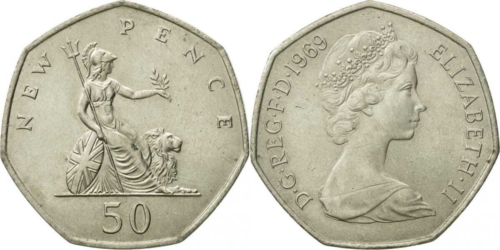 Великобритания 50 новых пенсов, 1969-1981 Королева Елизавета II XF
