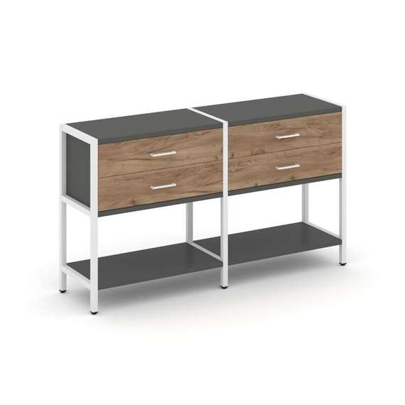 Shelf System Двухсекционный стеллаж двухярусный с ящиками SN.STM-222 Антрацит/Дуб Табак/Металл Белый