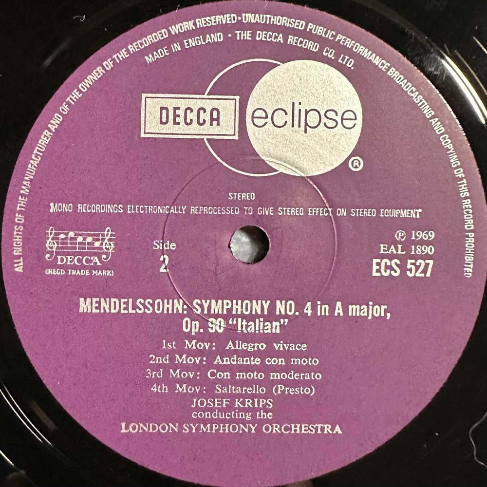 Мендельсон- Симфония №3 «Шотландская» / Симфония №4 «Итальянская» (Англия 1969г.)