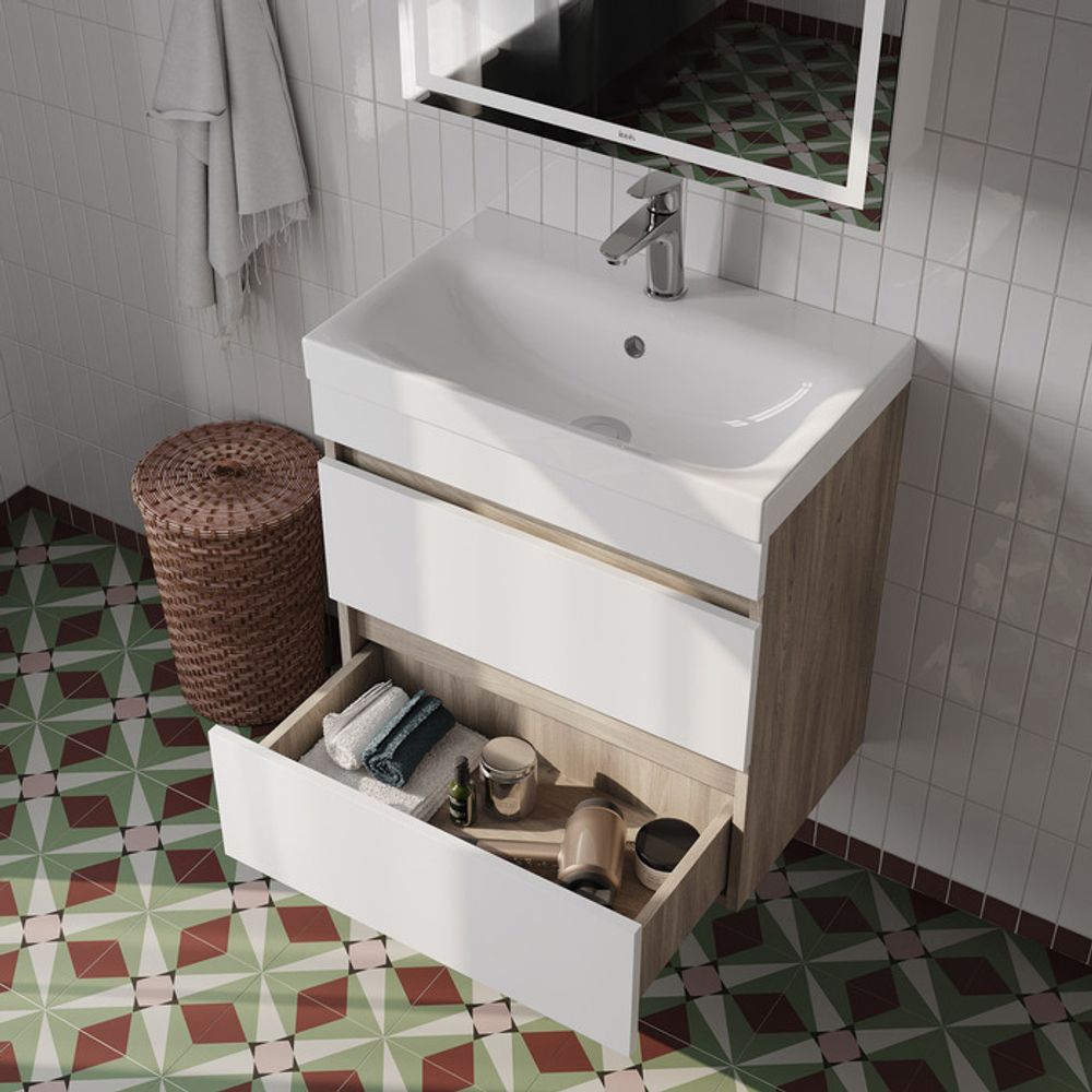 Тумба с умывальником подвесная с ящиками IDDIS Zodiac, 60 см, белая/под дерево, ZOD6AB0i95K