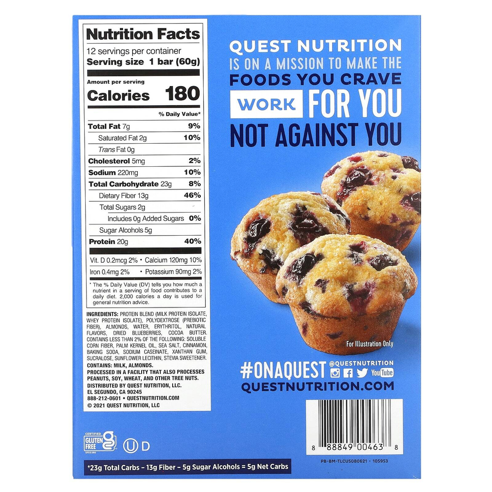 Quest Nutrition, протеиновый батончик, вкус кекса с голубикой, 12 батончиков по 60 г (2,12 унции)