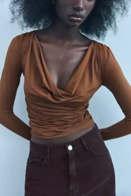ZARA ТОП ИЗ ПОЛИАМИДА СО СБОРКАМИ, СВЕТЛО-КОРИЧНЕВЫЙ