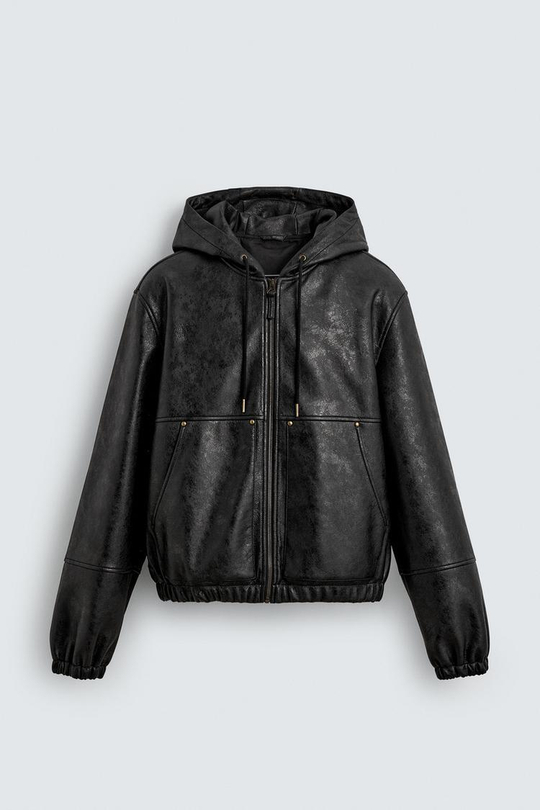 ZARA КУРТКА ИЗ ИСКУССТВЕННОЙ КОЖИ С КАПЮШОНОМ, ЧЕРНЫЙ