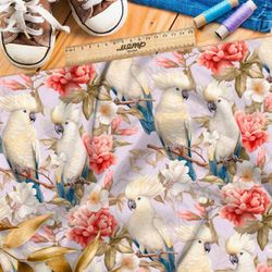 Ткань премиум бифлекс белые попугаи в цветах