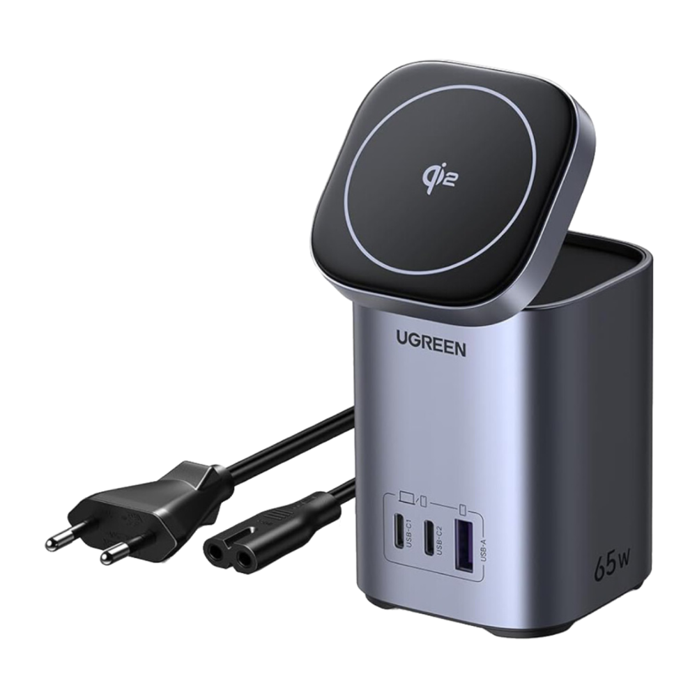 Зарядная станция MagSafe Ugreen Nexode мощностью 65 Вт (GaN) (Qi2) (X555) Беспроводная зарядка: Qi 15 Вт. Проводная зарядка: 2 USB-C, USB-A. Сертификация Qi2. Есть поддержка PD и PPS. Отсутствует LED-индикация